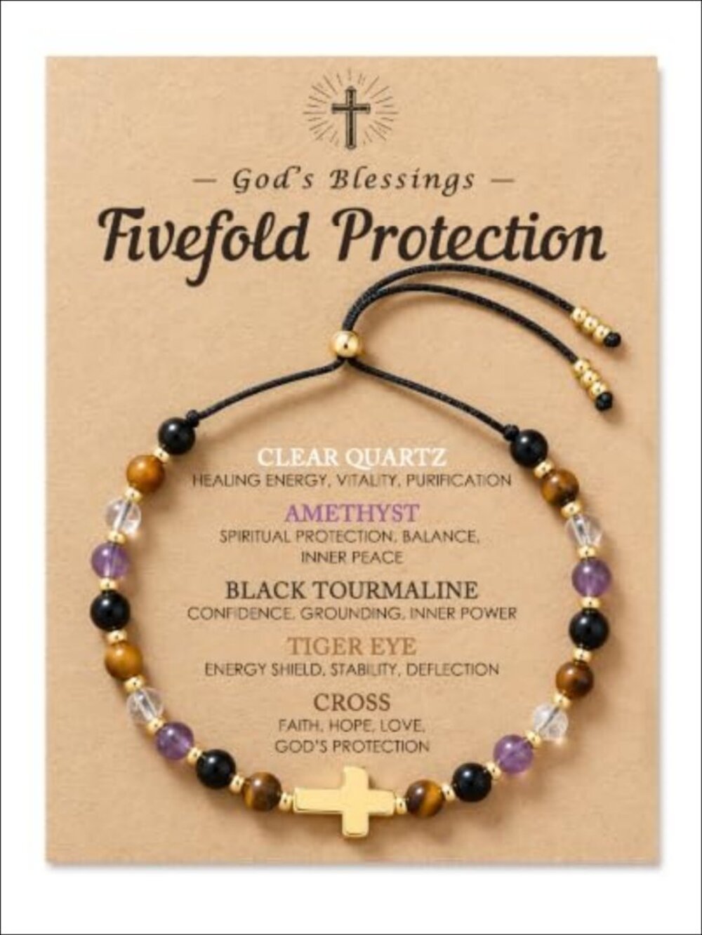 Cross Charm Bracelet with Natural Gemstones Adjustable Nylon Cord